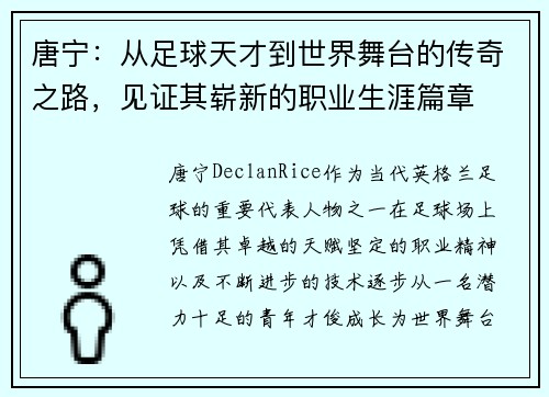 唐宁：从足球天才到世界舞台的传奇之路，见证其崭新的职业生涯篇章